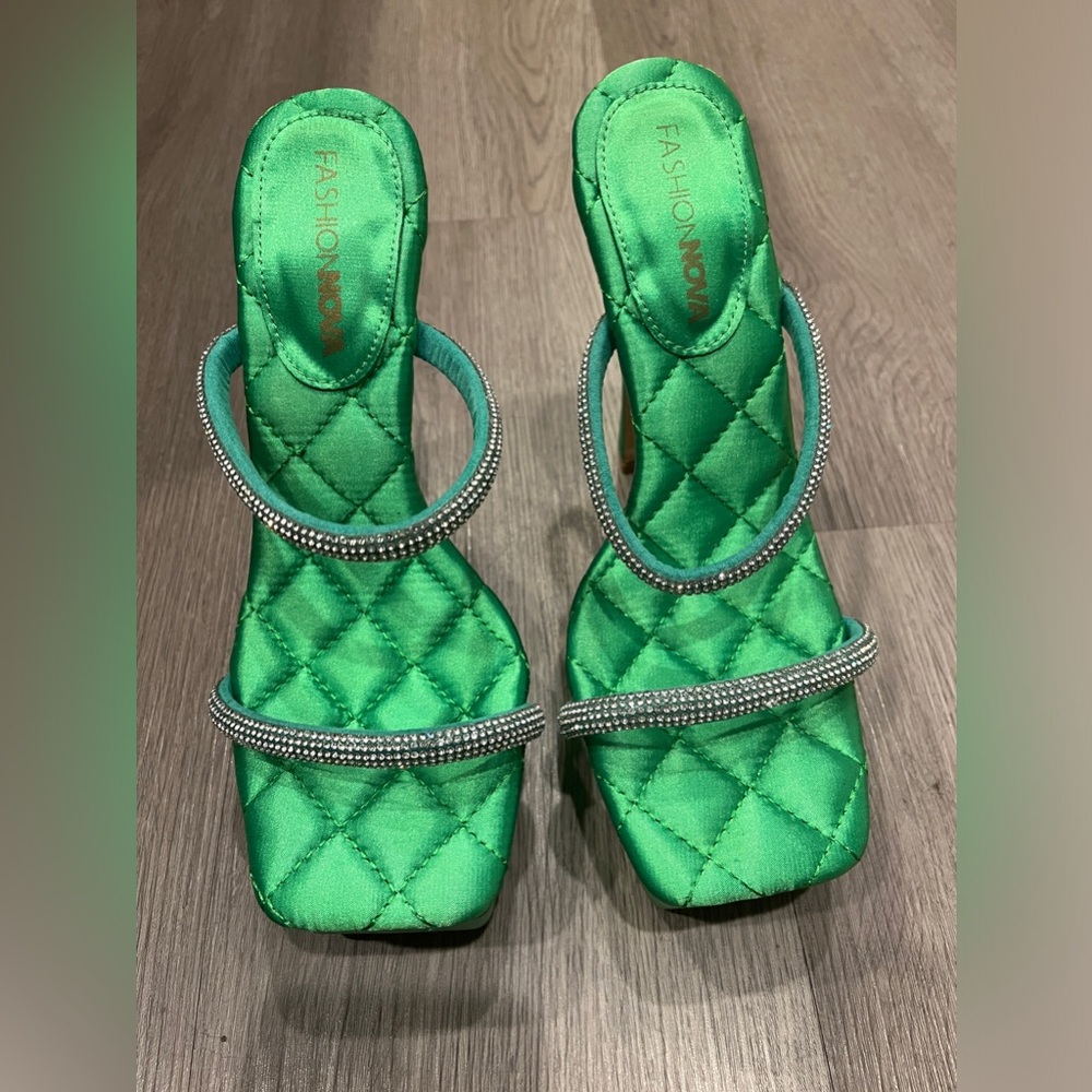 Green rhinestone heels
